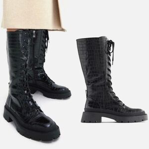 ZARA | Croc Print Laced High Shaft Combat Boots 36 EU/6 US